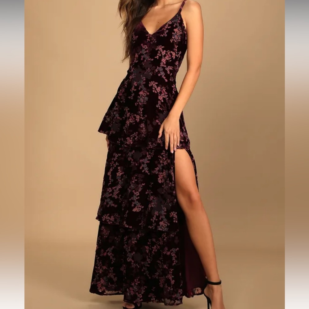 Lulus I Love You Amore Plum Purple Floral Velvet Tiered Maxi Dress. Size S.